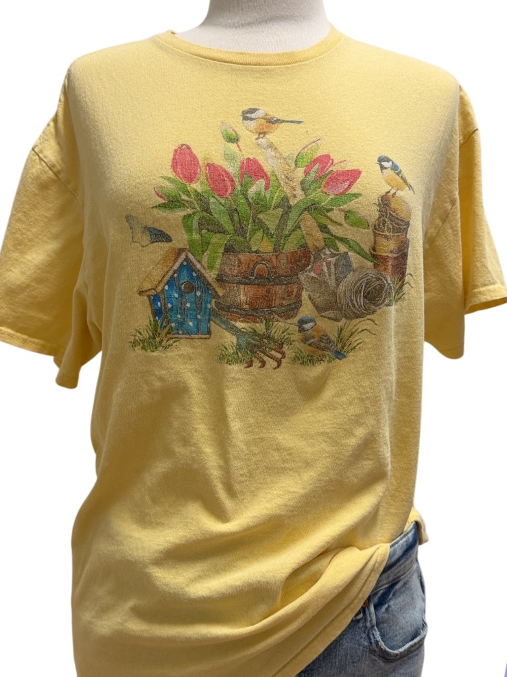 Delta Yellow Tee with Pink Floral & Bird Graphic